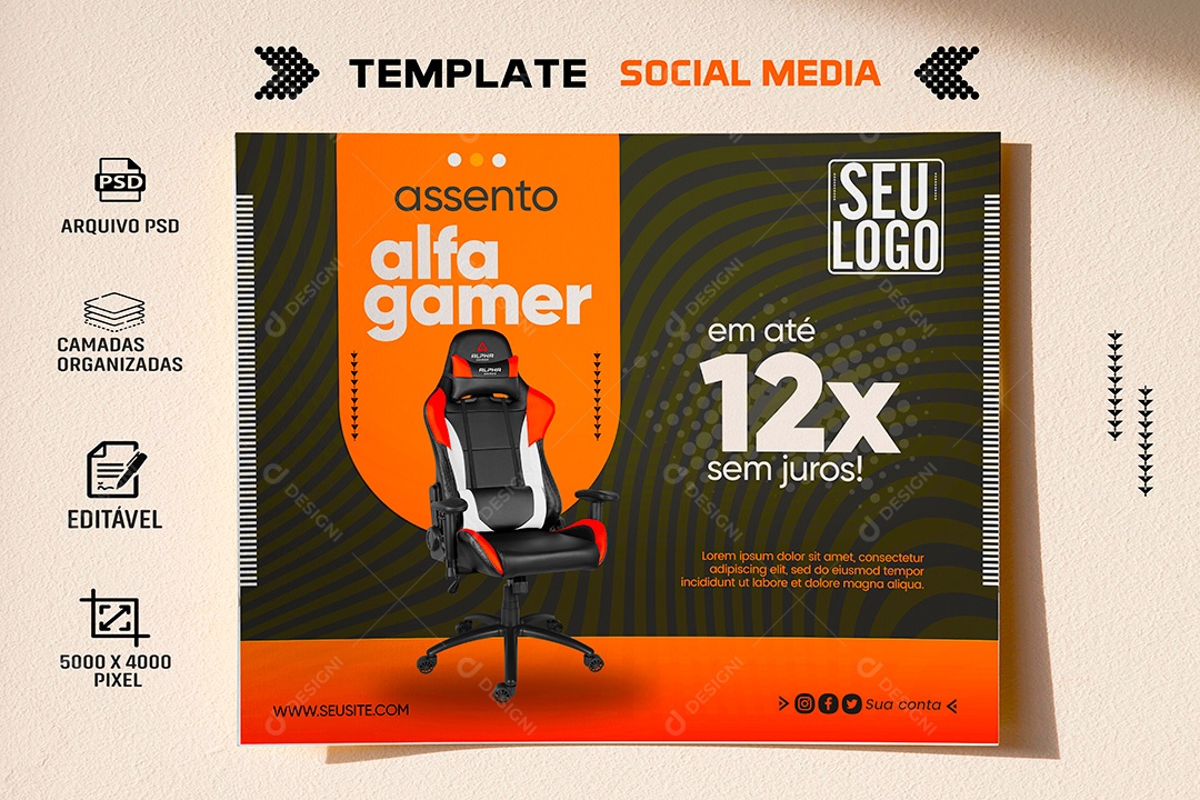 Post Social Media Cadeira Gamer Alfa Acento Social Media PSD Editável