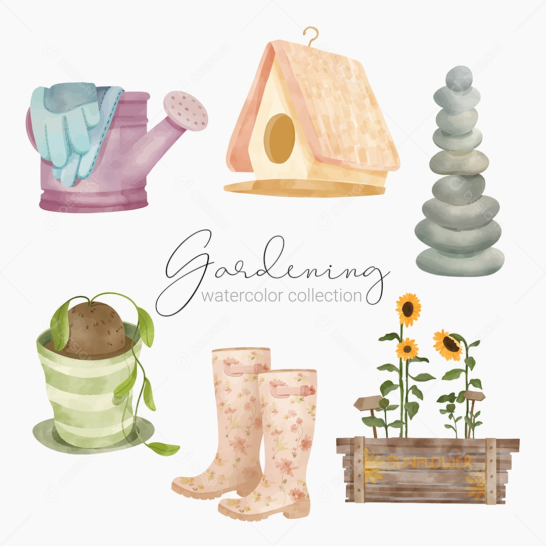 Garden Tools and Plants Tools Color Set Vector EPS