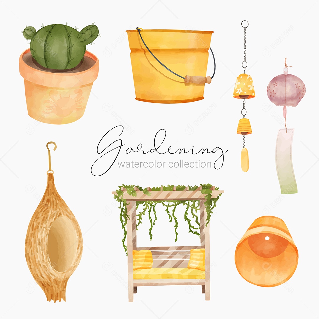 Belo Conjunto de Cores de Ferramentas de Jardim Acessórios e Plantas Vetor EPS