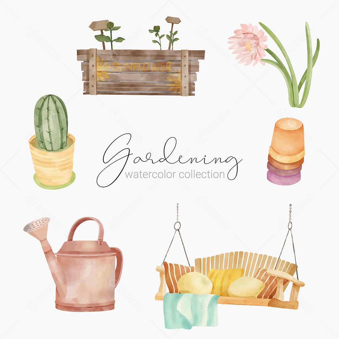 Belo Conjunto de Cores de Ferramentas de Jardim Acessórios e Plantas Vetor EPS
