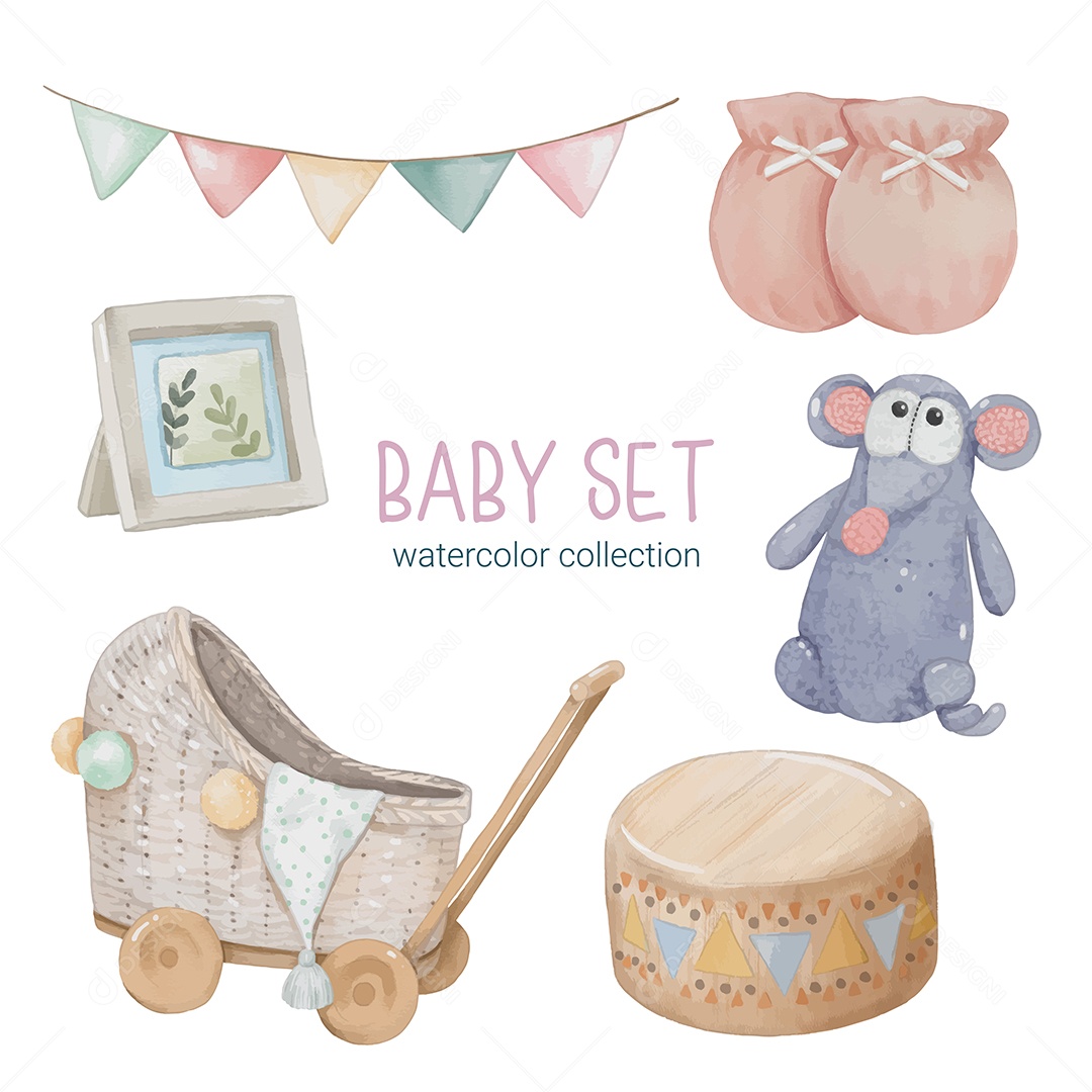 Conjunto de Peças Separadas de Roupas de Bebê e Brinquedos Vetor EPS