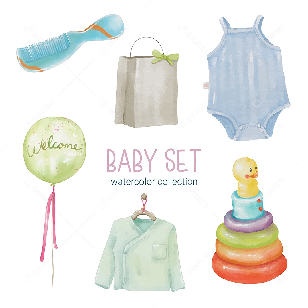 Conjunto de Peças Separadas de Roupas de Bebê e Brinquedos Vetor EPS