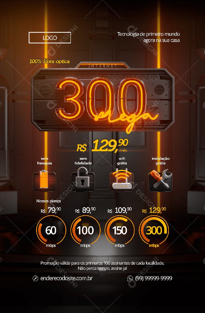 Tecnologia de Primeiro Mundo Agora Na Sua Casa 300 Mega 100% Fibra Óptica Social Media PSD Editável