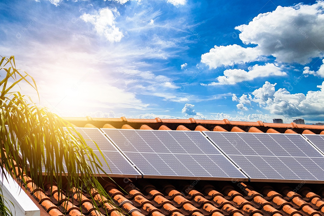 Planta de instalação fotovoltaica em casa com folhas e flores