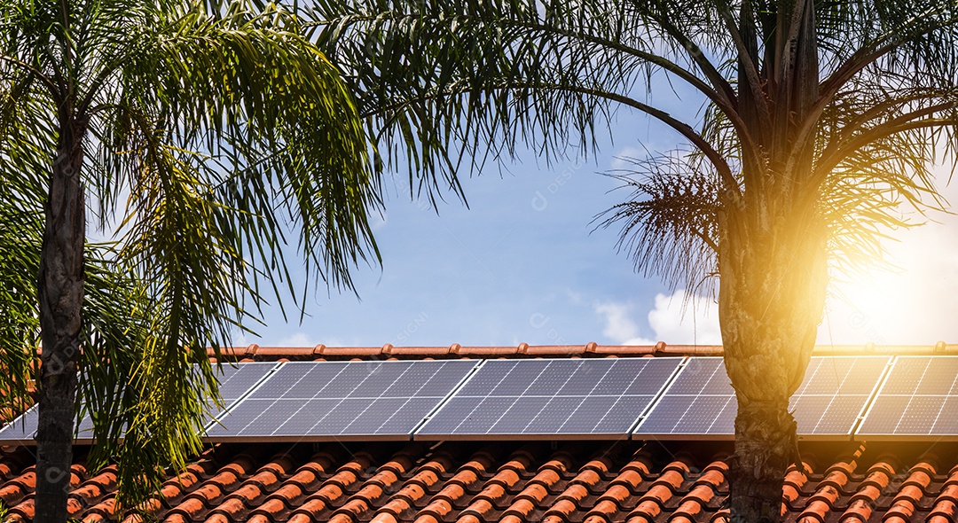 Planta de instalação fotovoltaica em casa com folhas e flores
