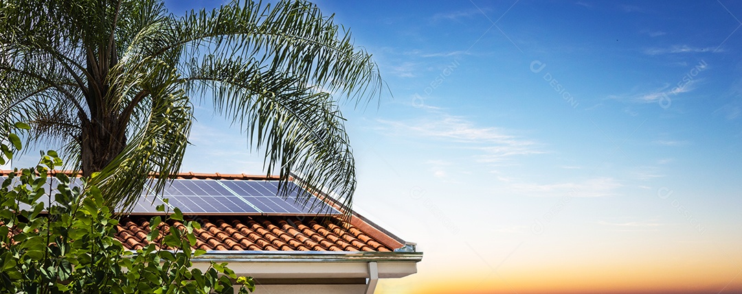 Planta de instalação fotovoltaica em casa com folhas e flores
