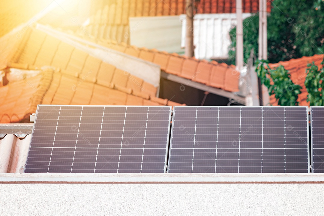 Planta de instalação fotovoltaica em casa com folhas e flores