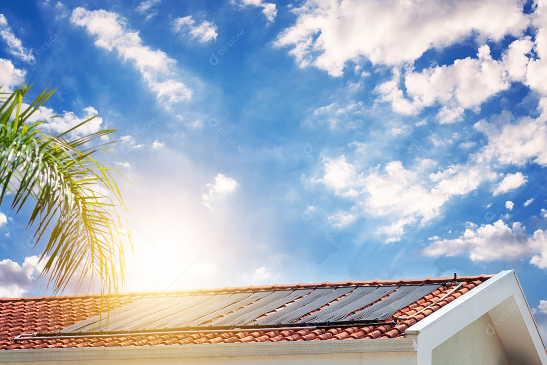 Planta de instalação fotovoltaica em casa com folhas e flores