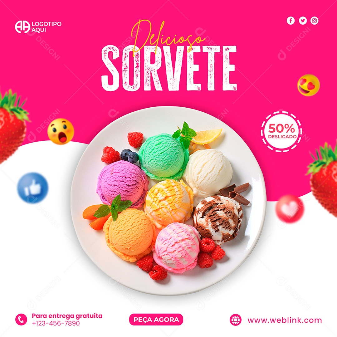Post Sorveteria Delicioso Sorvete Social Media PSD Editável