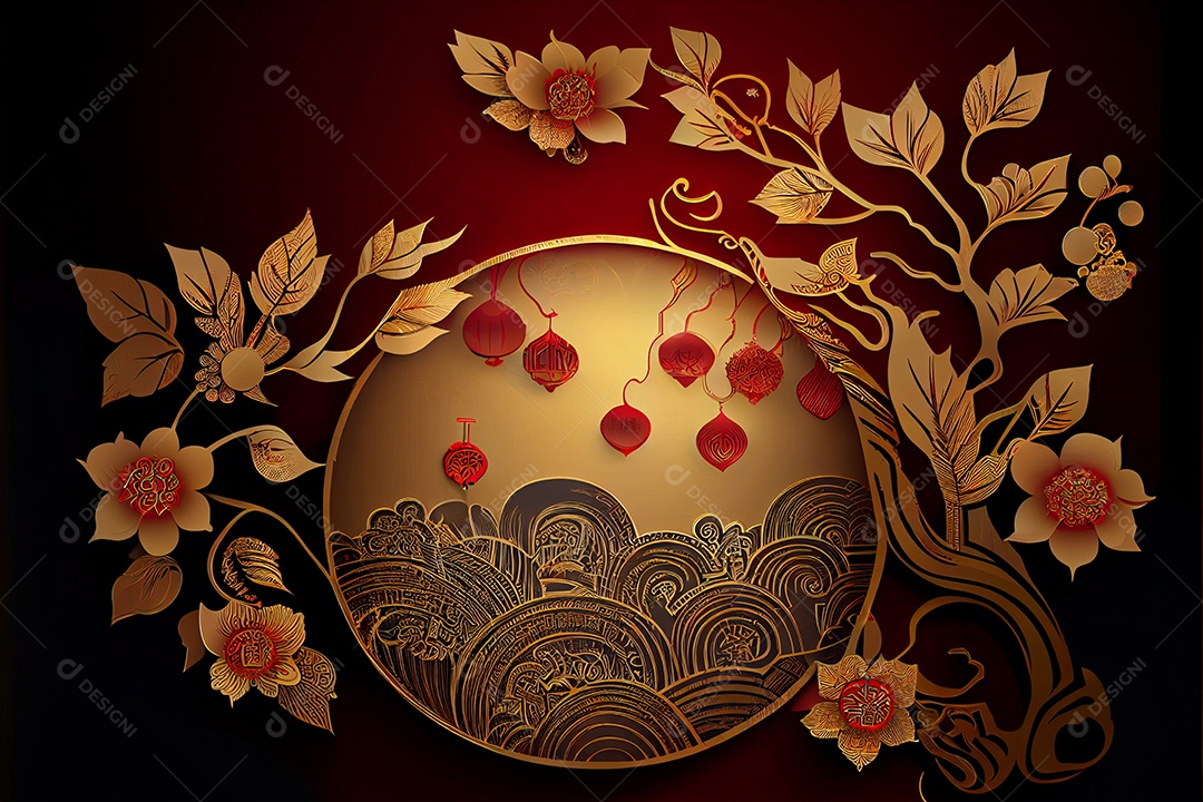 Projeto do ano novo chinês, festival da primavera, festival das lanternas ouro vermelho