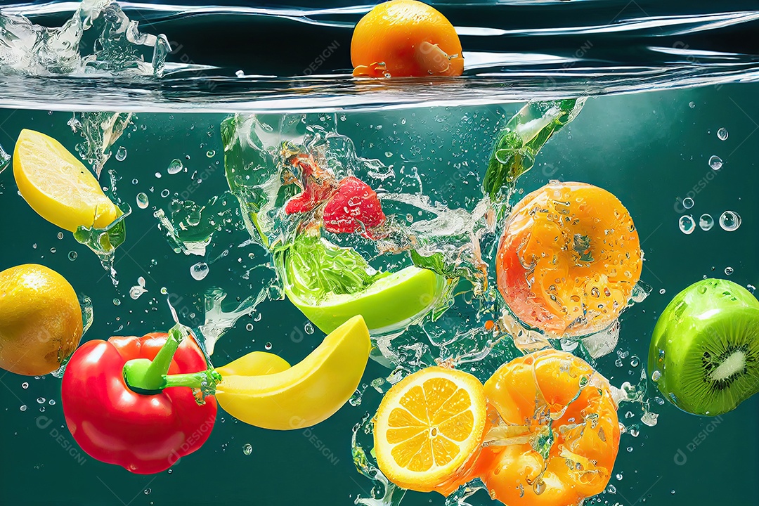 Frutas e legumes com respingos de água limpa