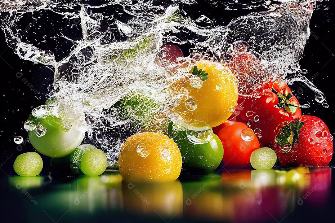 Frutas e legumes com respingos de água limpa