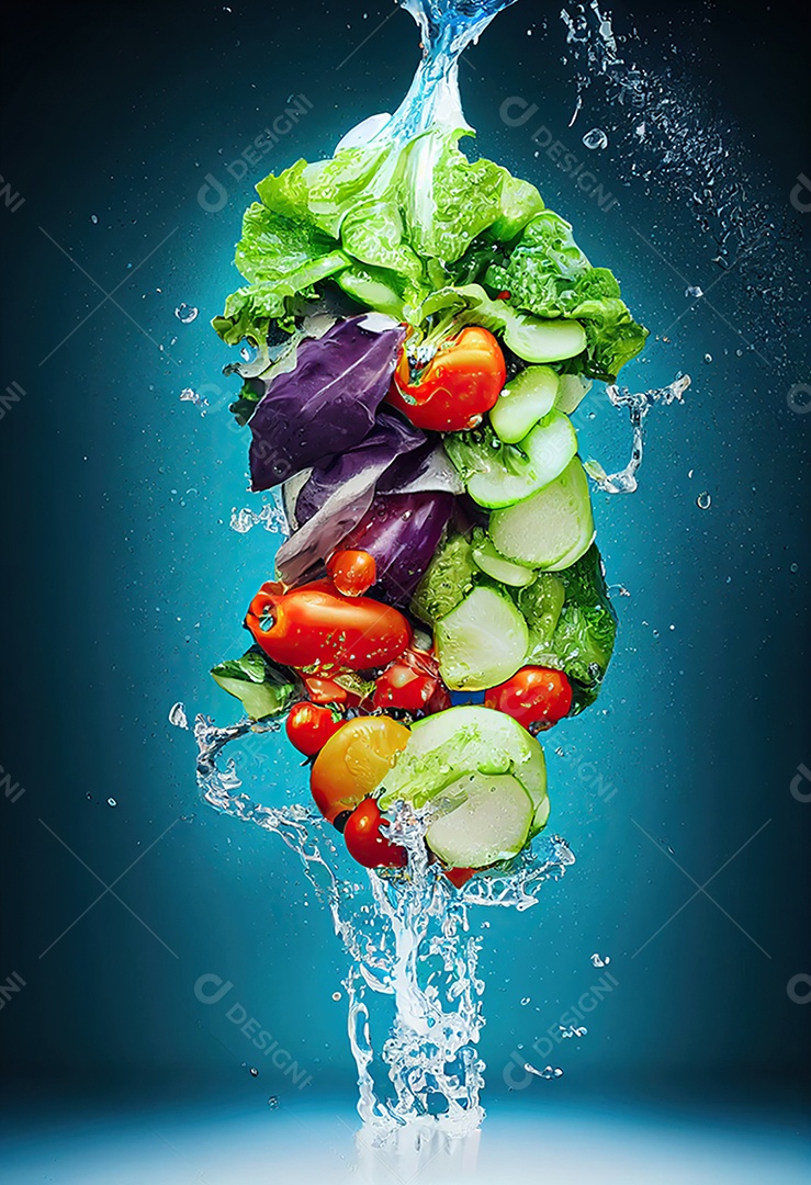 Frutas e legumes com respingos de água limpa