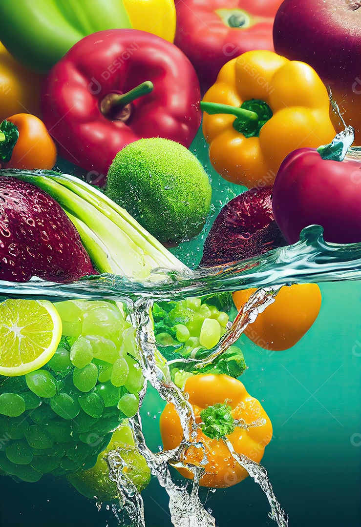 Frutas e legumes com respingos de água limpa