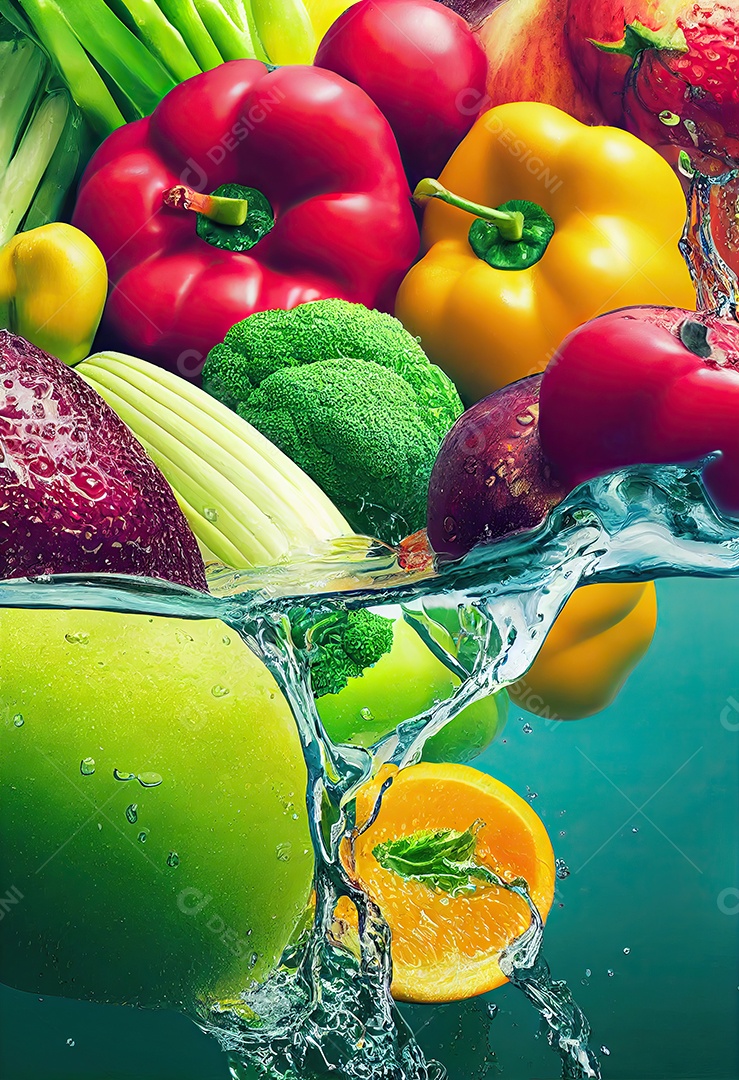 Frutas e legumes com respingos de água limpa