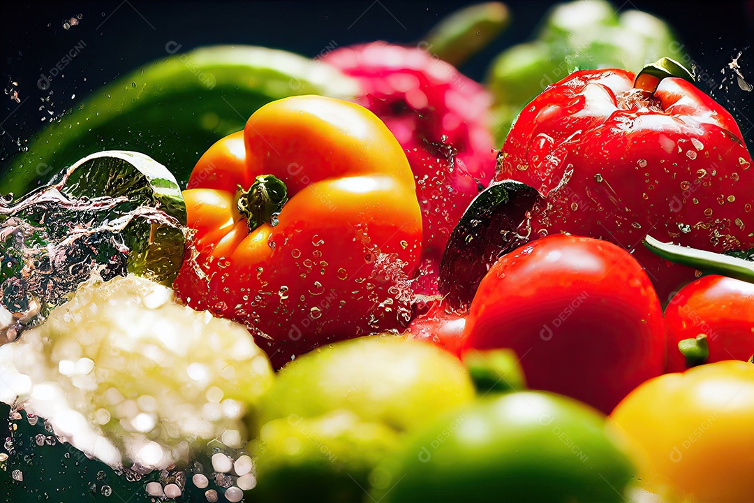 Frutas e legumes com respingos de água limpa