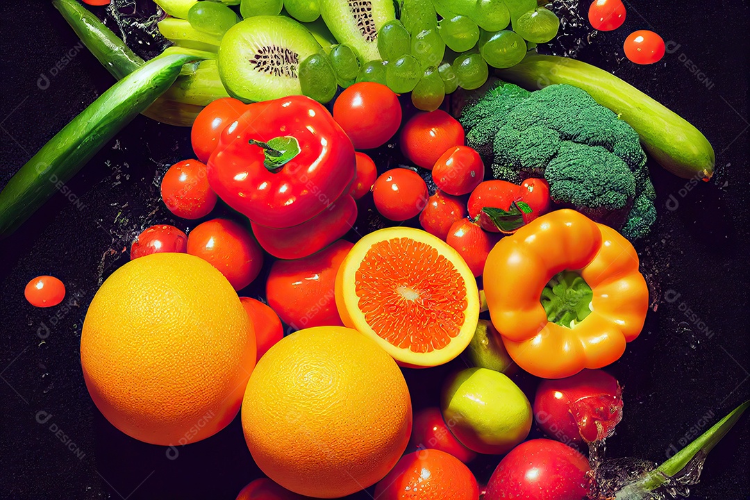 Frutas e legumes com respingos de água limpa