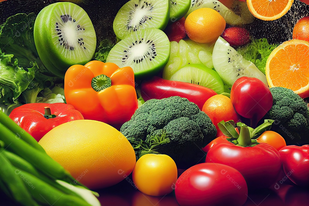 Frutas e legumes com respingos de água limpa