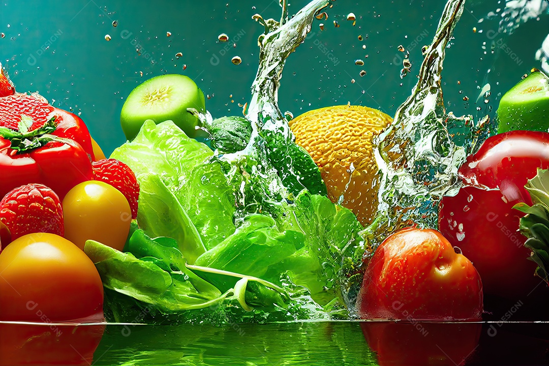 Frutas e legumes com respingos de água limpa