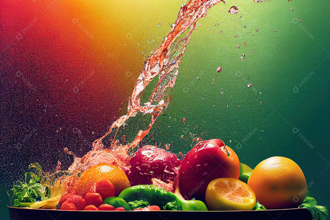 Frutas e legumes com respingos de água limpa