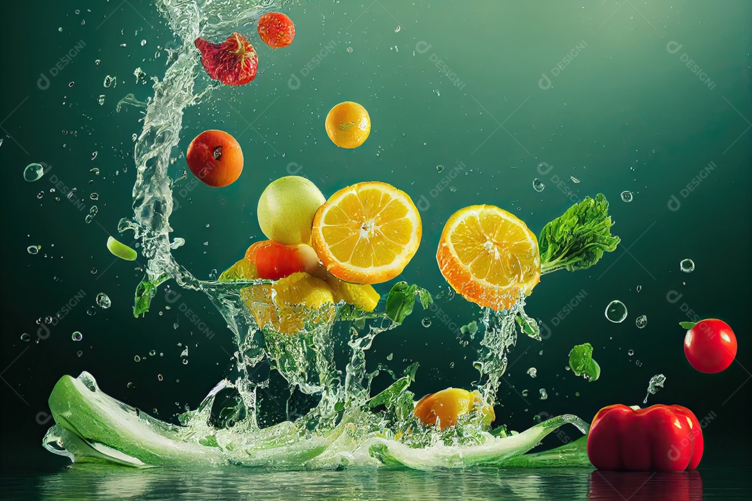 Frutas e legumes com respingos de água limpa