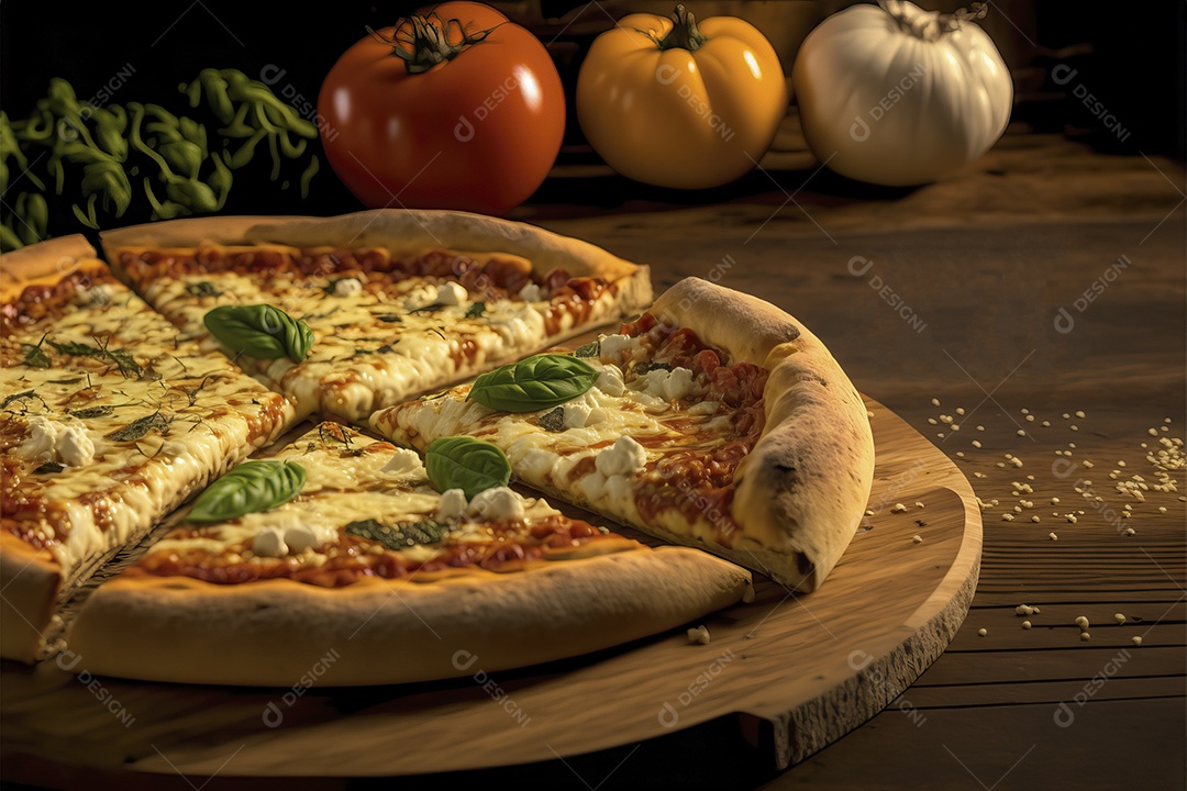 Pizza de quatro queijos com molho de tomate e folhas de manjericão