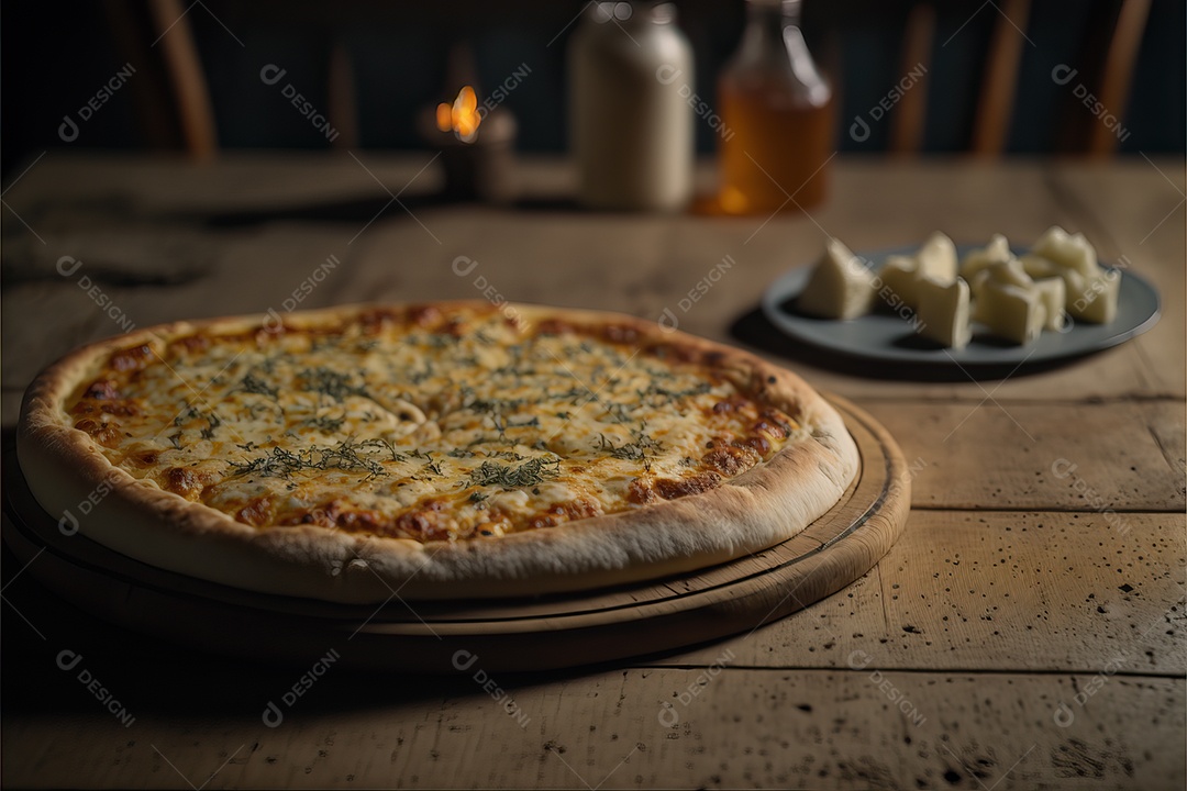 Pizza de quatro queijos com molho de tomate e folhas de manjericão