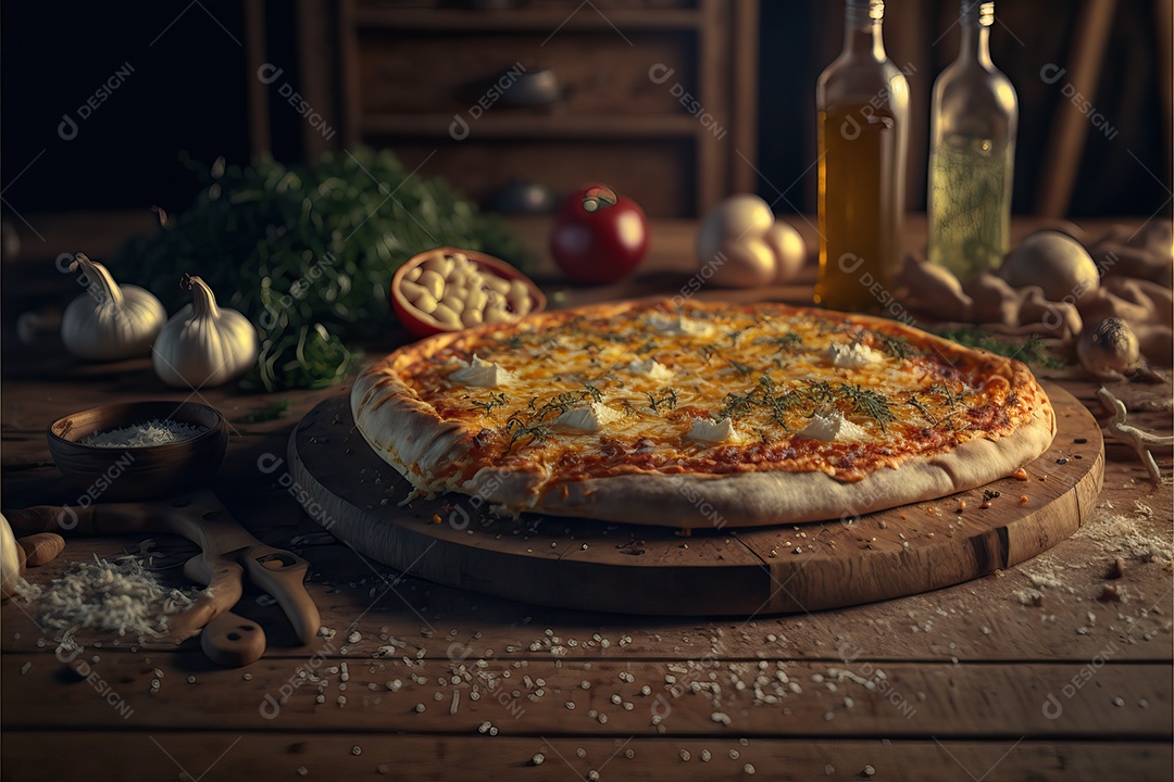 Pizza de muçarela italiana com azeitona e manjericão