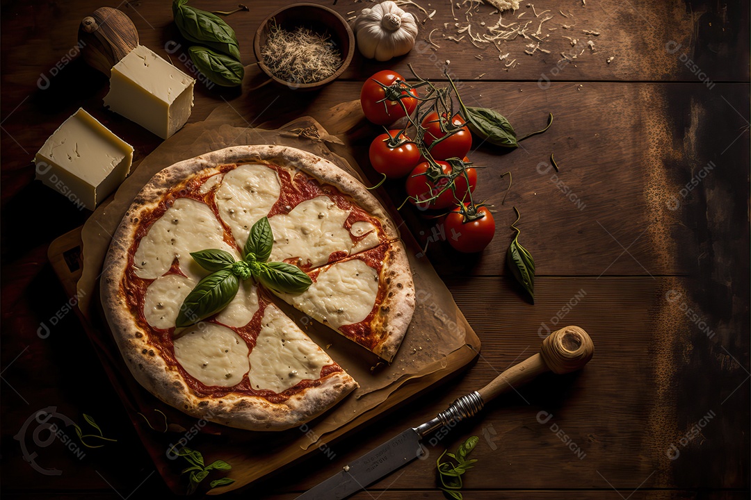 Pizza de quatro queijos com molho de tomate e folhas de manjericão