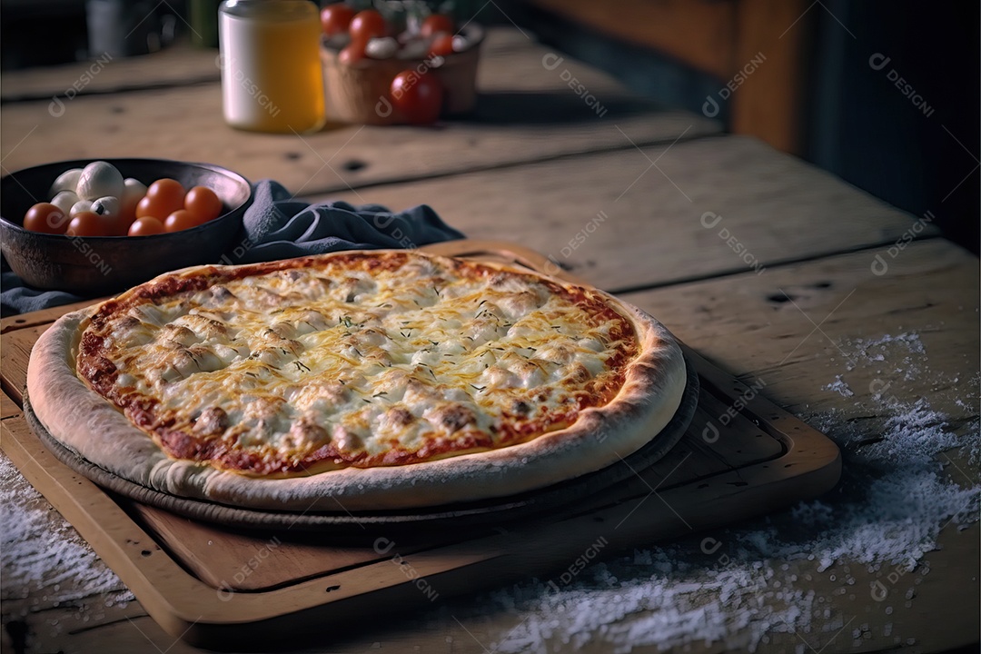 Pizza de quatro queijos com molho de tomate e folhas de manjericão