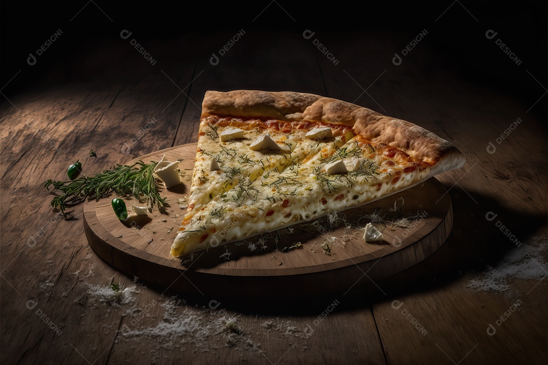 Fatia de pizza de quatro queijos com molho de tomate e folha de manjericão