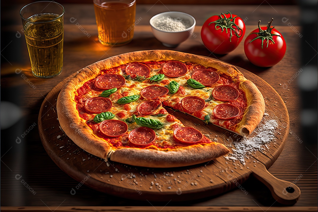 Pizza de calabresa italiana tradicional com molho de tomate e rúcula