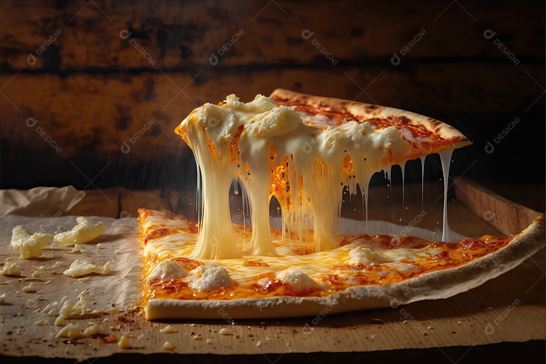 Fatia de pizza de quatro queijos com molho de tomate e folha de manjericão