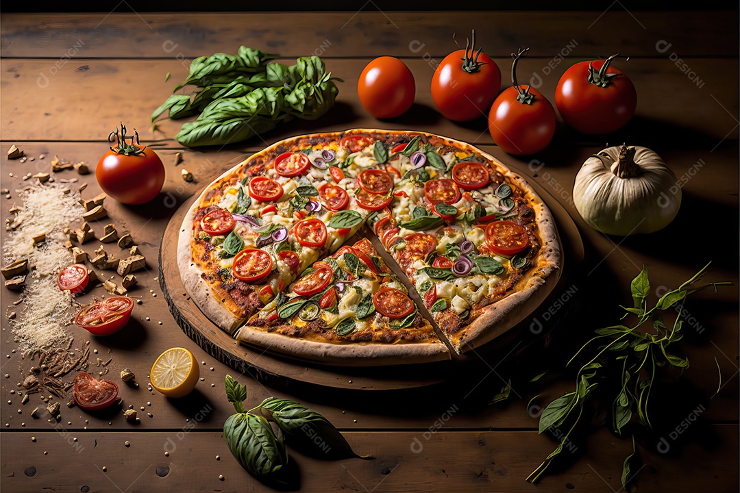 Pizza vegana de alho com brócolis, feijão, verduras e cogumelos