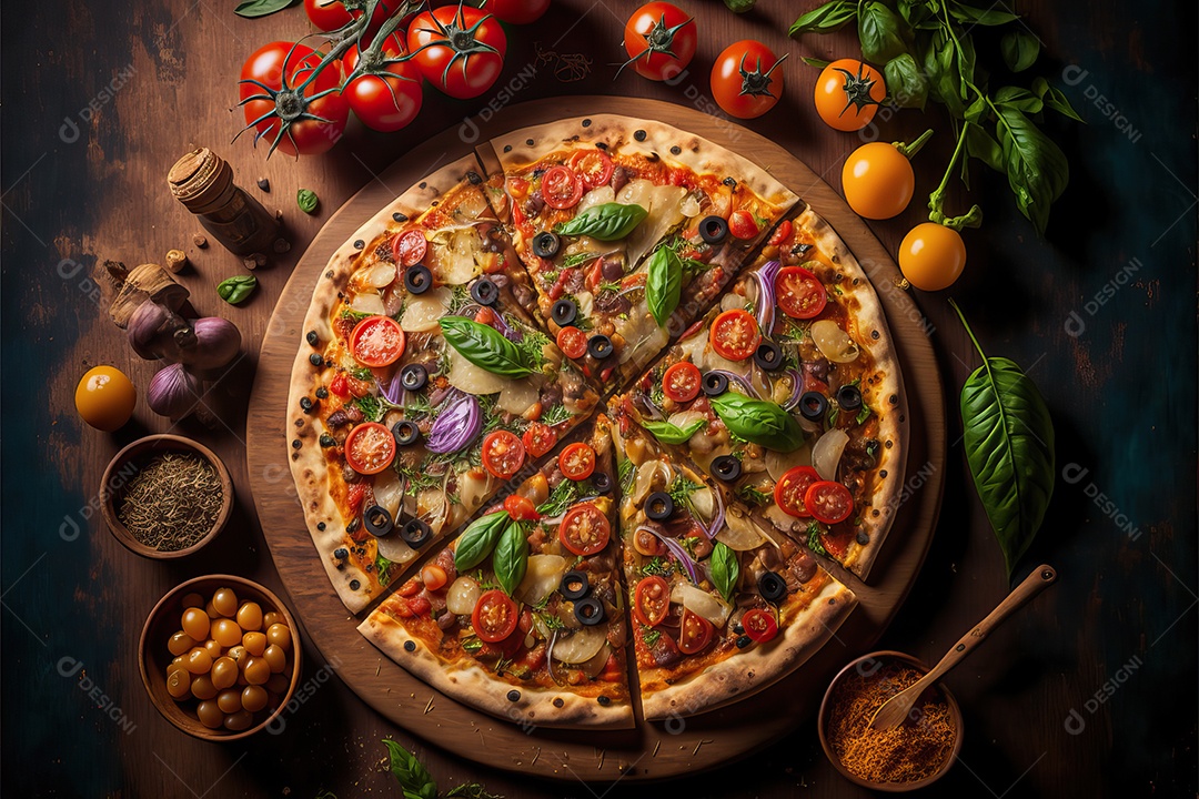 Pizza vegana de alho com brócolis feijão verduras e cogumelos