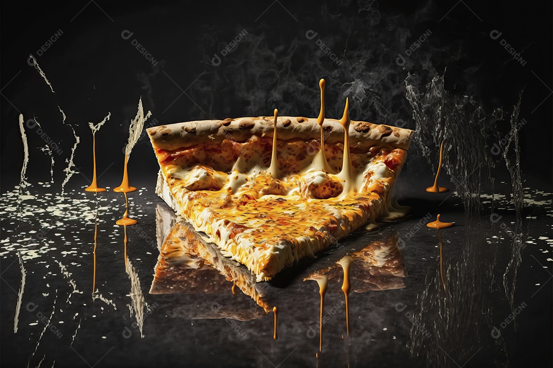 Fatia de pizza de quatro queijos com molho de tomate e folha de manjericão