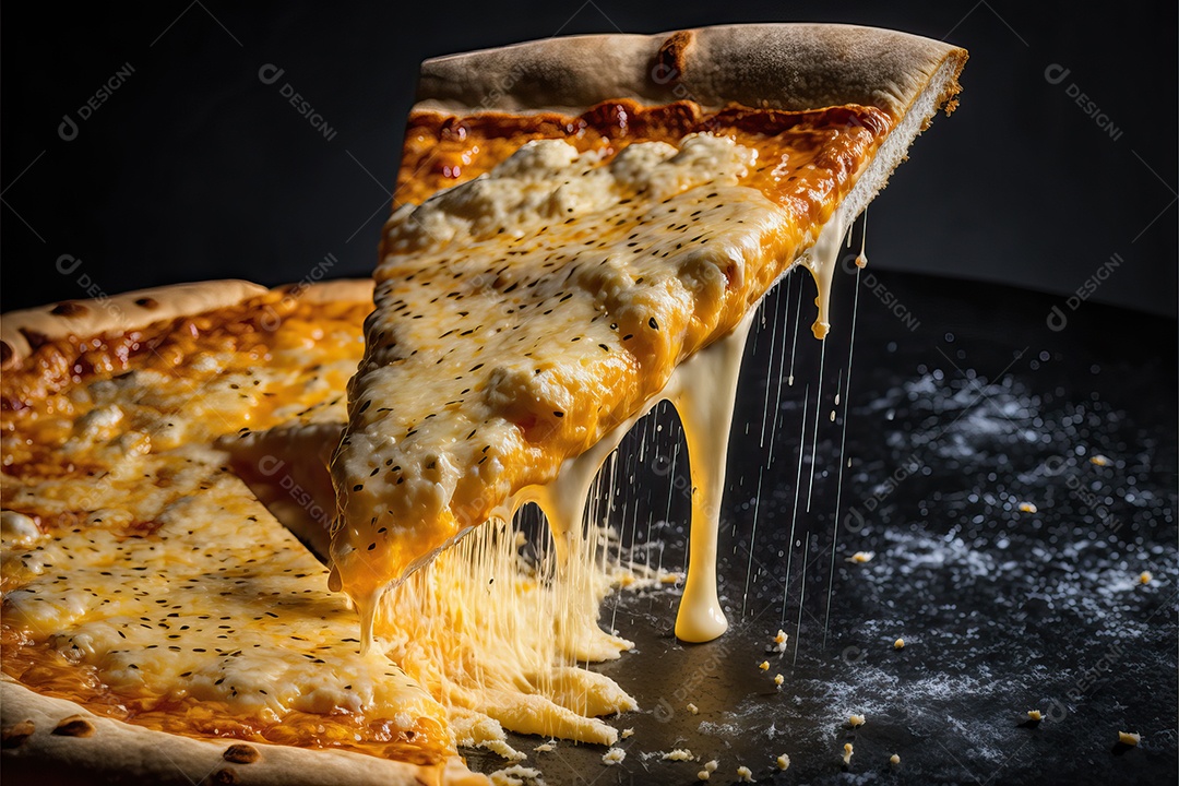 Fatia de pizza de quatro queijos com molho de tomate e folha de manjericão