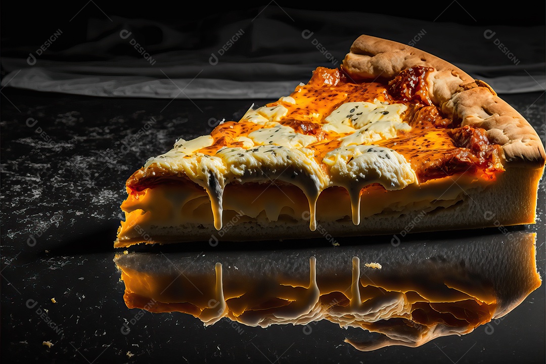 Fatia de pizza de quatro queijos com molho de tomate e folha de manjericão