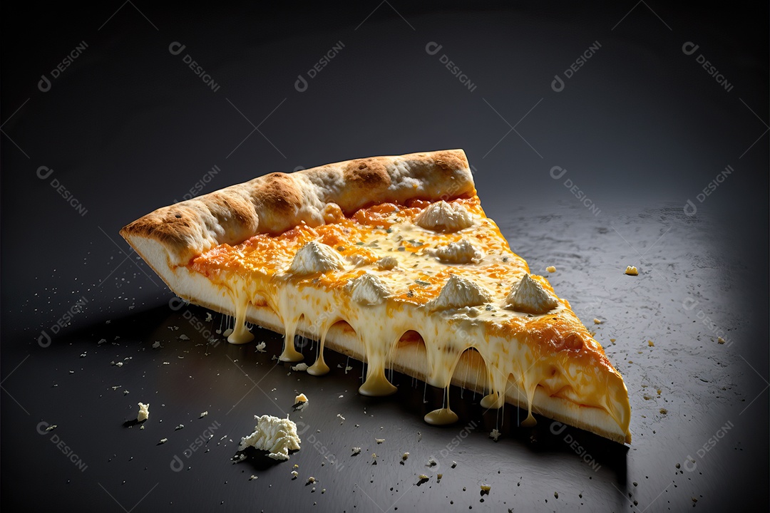 Fatia de pizza de quatro queijos com molho de tomate e folha de manjericão