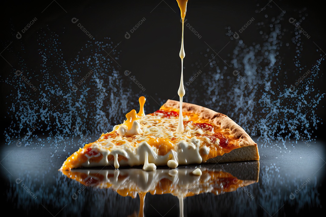 Fatia de pizza de quatro queijos com molho de tomate e folha de manjericão