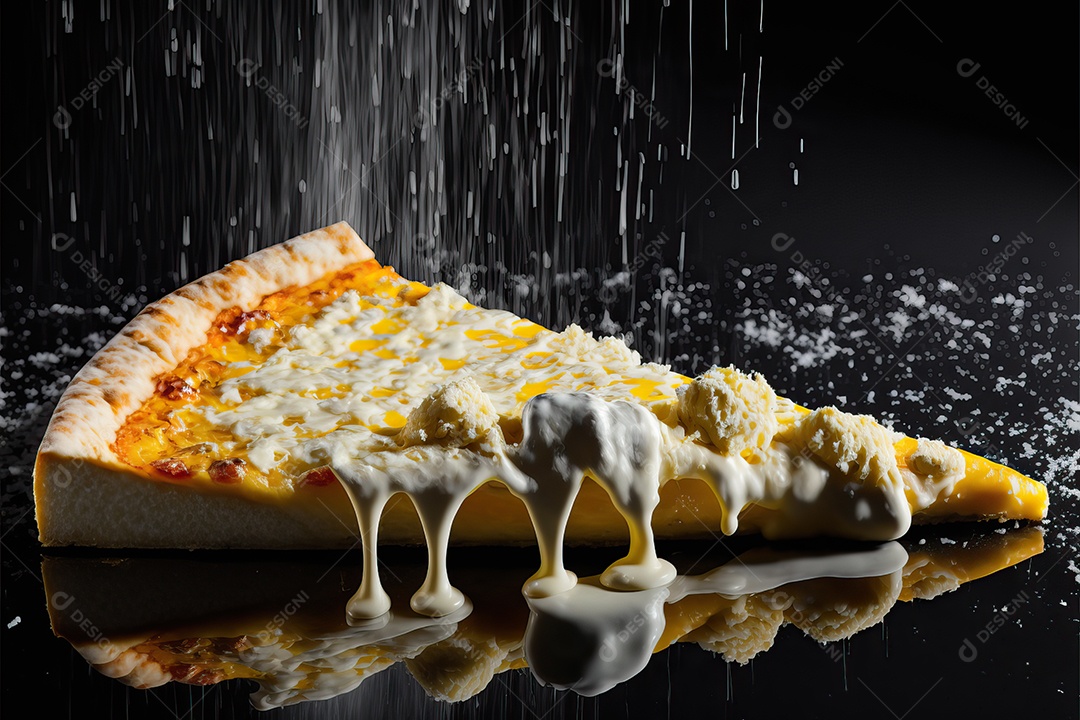 Fatia de pizza de quatro queijos com molho de tomate e folha de manjericão.