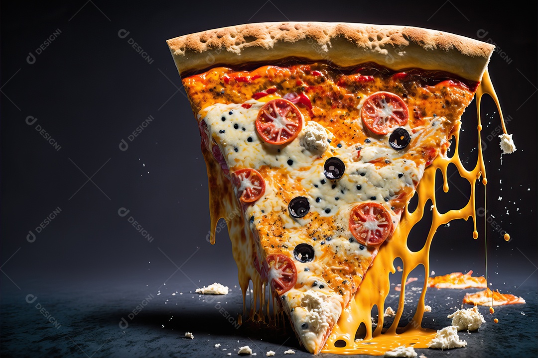 Fatia de pizza de quatro queijos com molho de tomate e folha de manjericão.