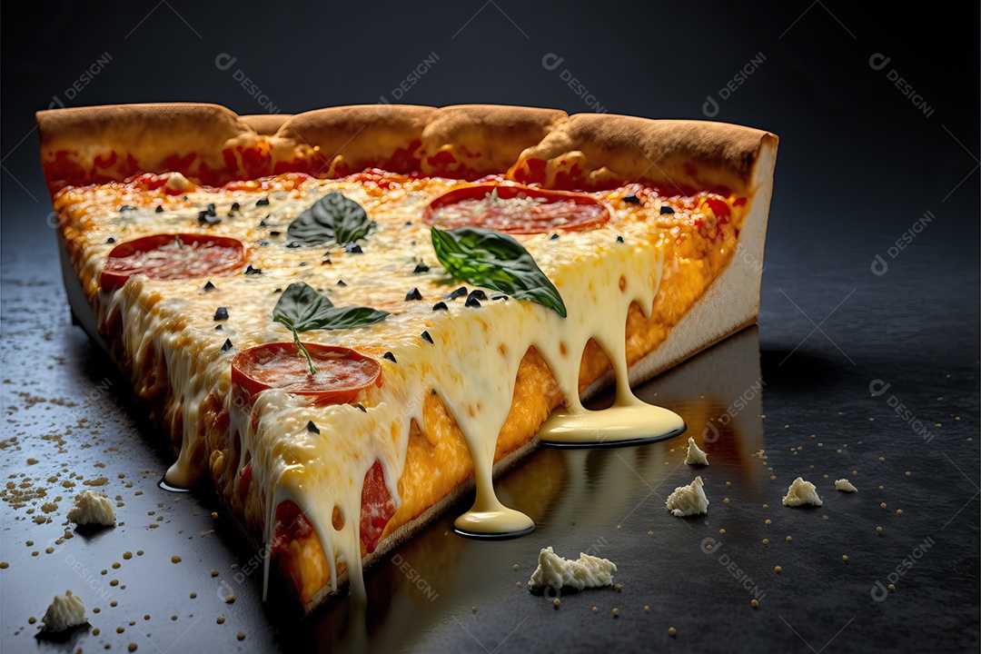 Fatia de pizza de quatro queijos com molho de tomate e folha de manjericão.