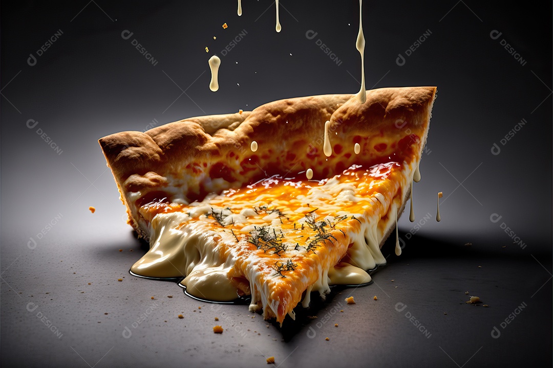 Fatia de pizza de quatro queijos com molho de tomate e folha de manjericão.