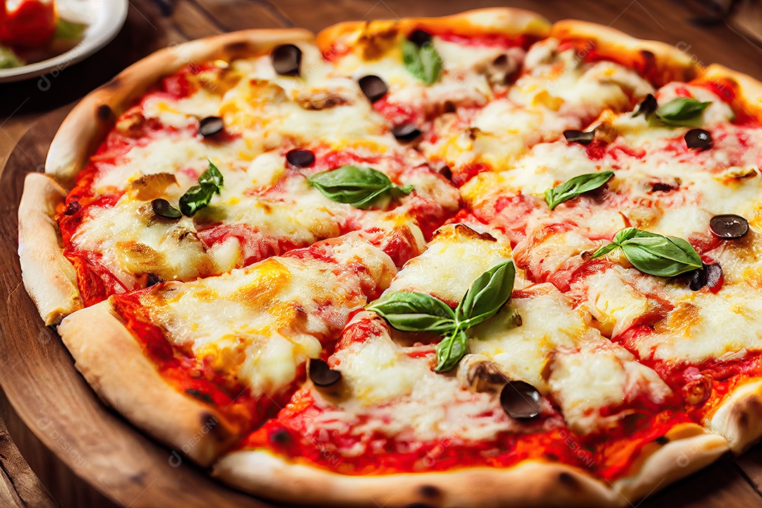 Pizza vegana ou vegetariana com tomate, picles, cogumelos, azeitona