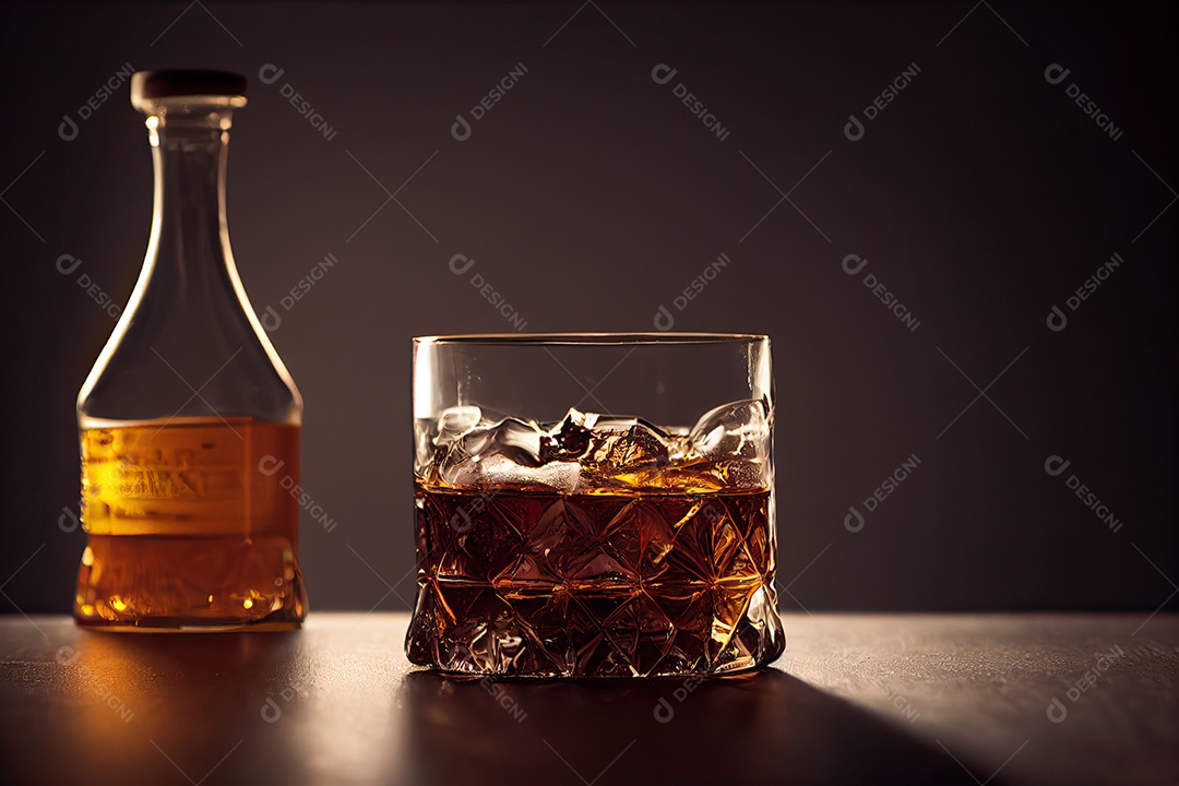 Um copo de whiskey com gelo e garrafa na mesa
