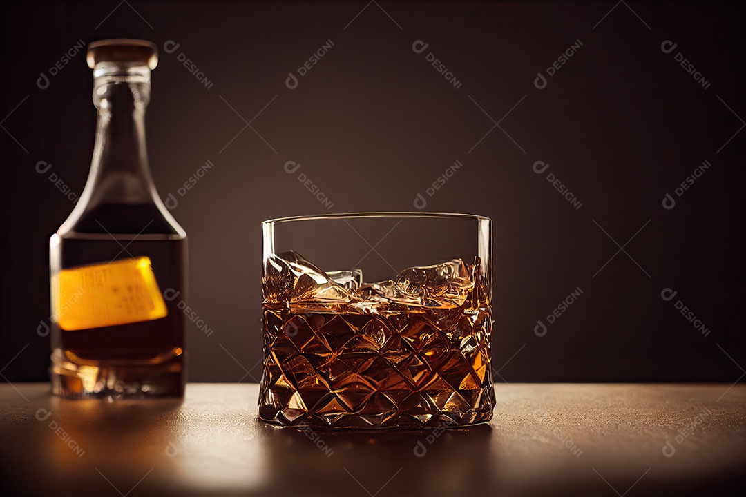 Um copo de whiskey com gelo e garrafa na mesa