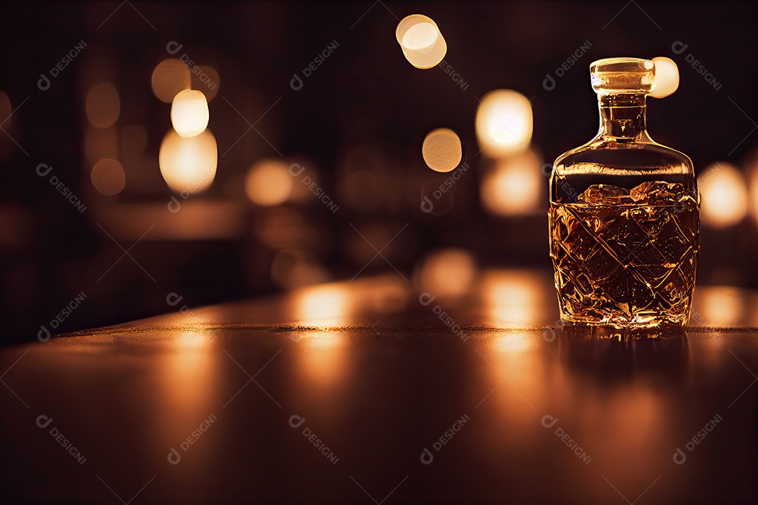 Uma garrafa de uísque em detalhes sobre a mesa