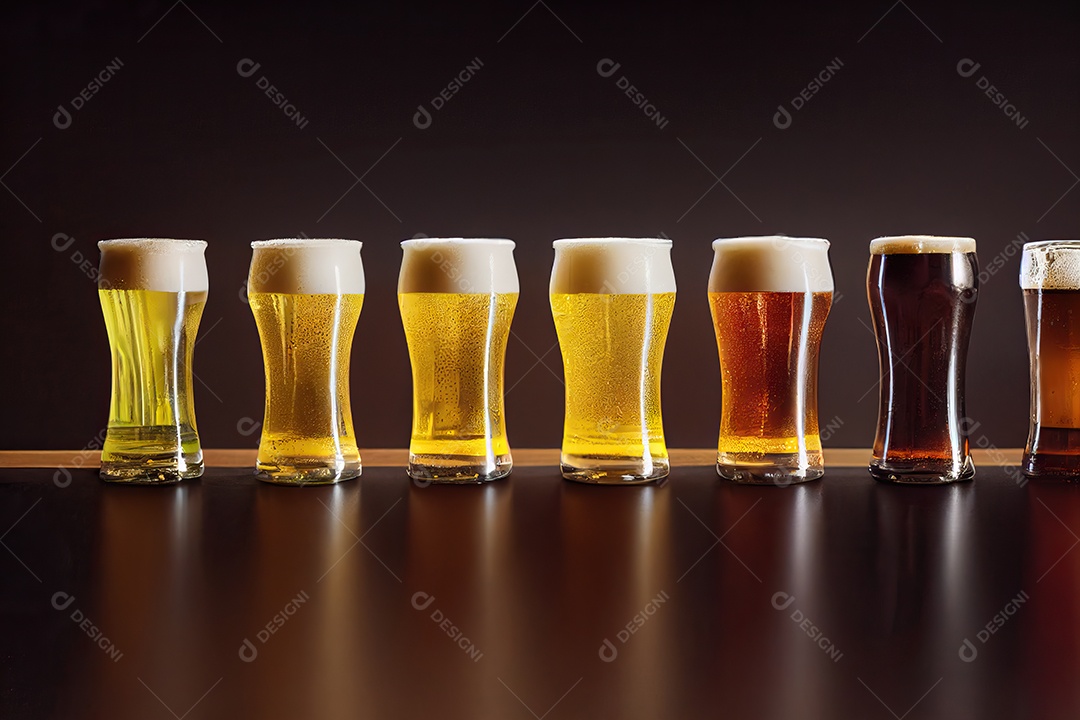 Copos e taças com vários sabores de cerveja artesanal lado a lado na mesa.