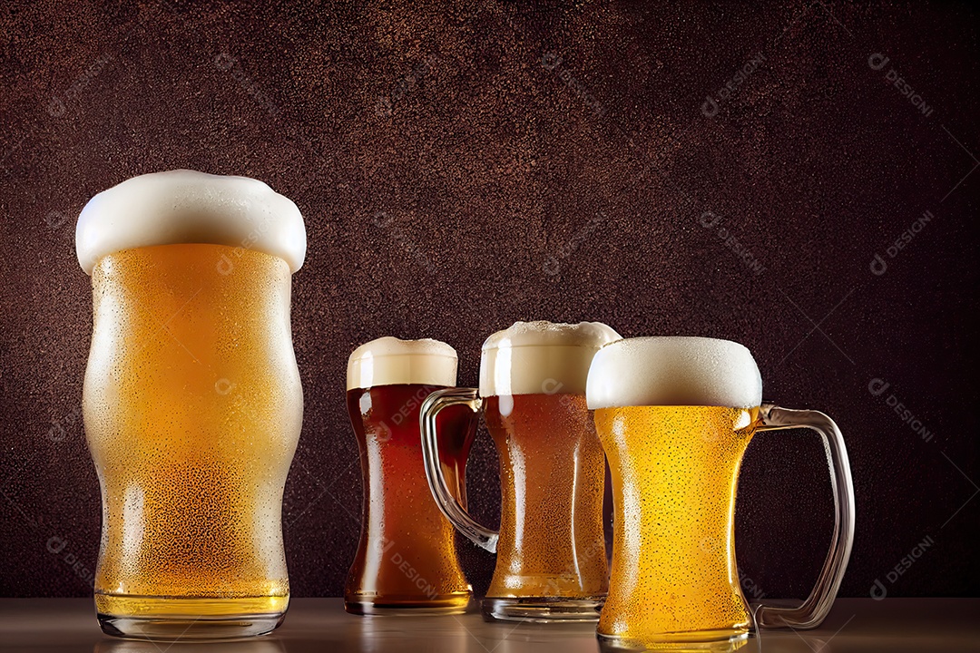 Copos e taças com vários sabores de cerveja artesanal lado a lado na mesa.